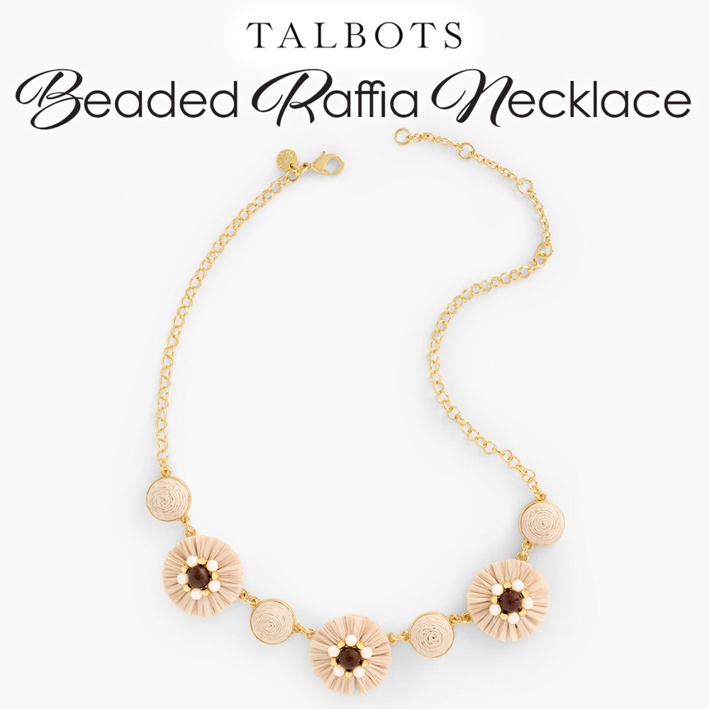 Talbots Beaded Raffia Gold, Brown and Cream Floral Necklace